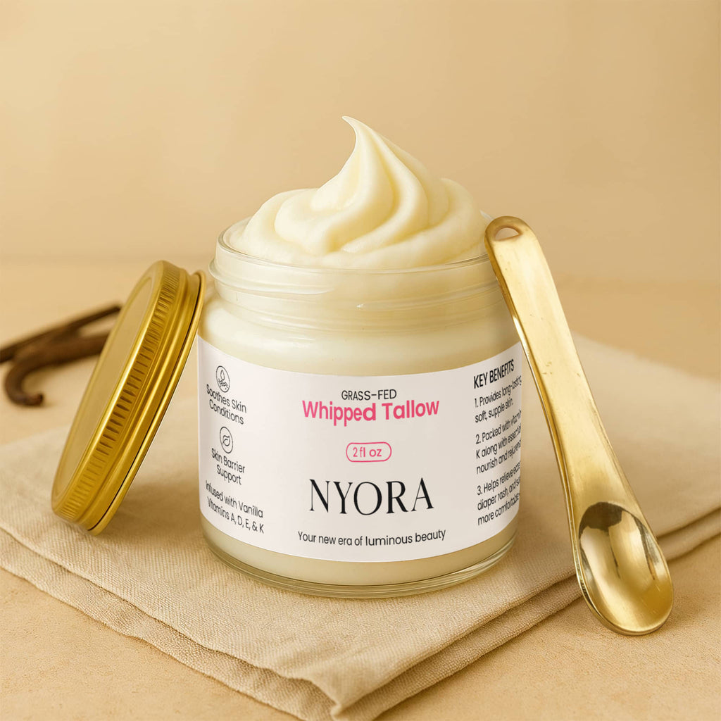 NYORA Grass Fed Whipped Tallow Balm - with Vanilla Bean | 2 fl oz Daily Moisturizer for Soft Hydrated Skin with Vitamins A D E & K