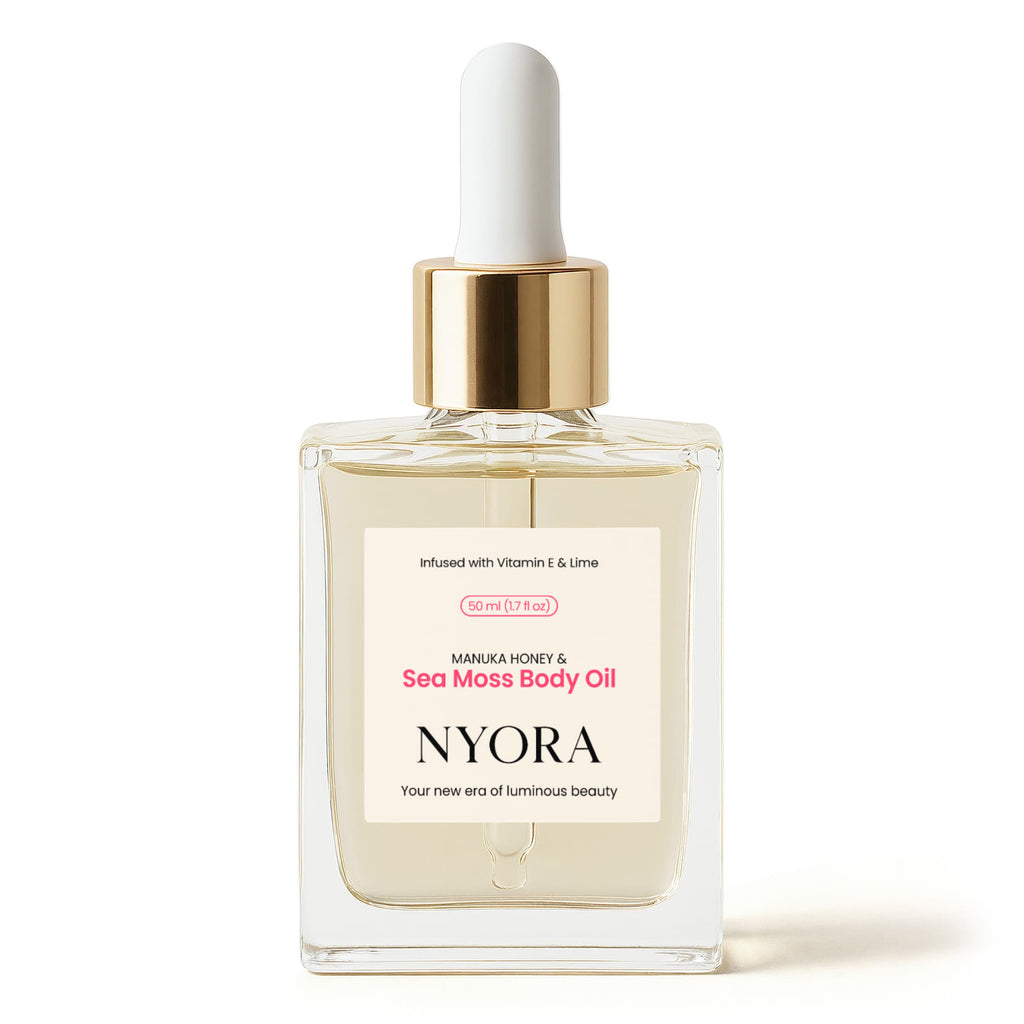 NYORA Manuka Honey & Sea Moss Body Oil – 50 mL Daily Glow Oil Infused with Turmeric & Lime to Deeply Hydrate, Brighten, and Soothe Skin After Shaving While Reducing Ingrown Hairs & Dryness
