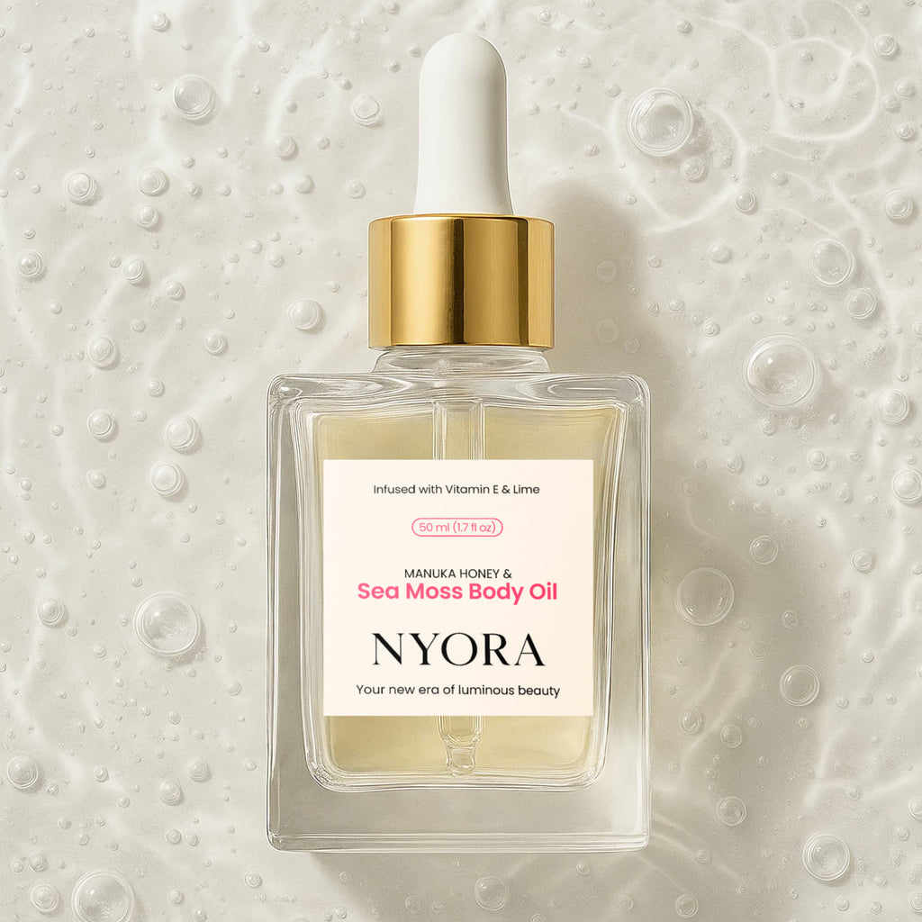NYORA Manuka Honey & Sea Moss Body Oil – 50 mL Daily Glow Oil Infused with Turmeric & Lime to Deeply Hydrate, Brighten, and Soothe Skin After Shaving While Reducing Ingrown Hairs & Dryness