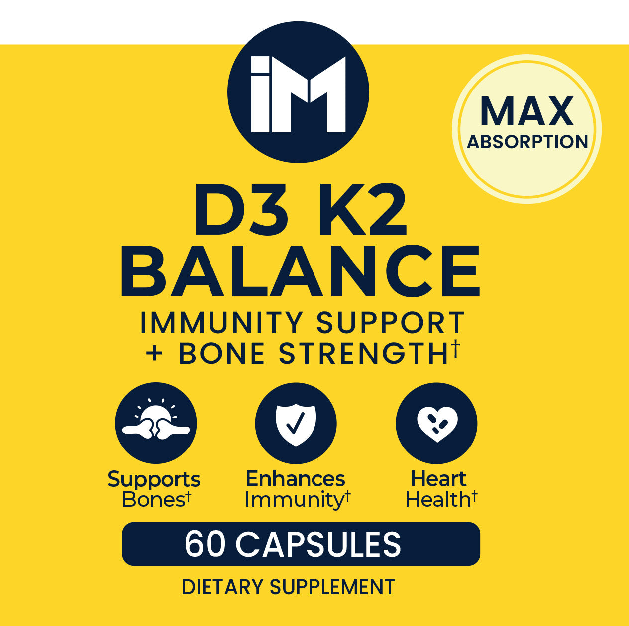 IM D3 K2 Balance | Bone, Heart & Immune Support | Vitamin D3, Vitamin K2 & Calcium with BioPerine® for Max Absorption | 60 Veggie Capsules | Daily Wellness Supplement