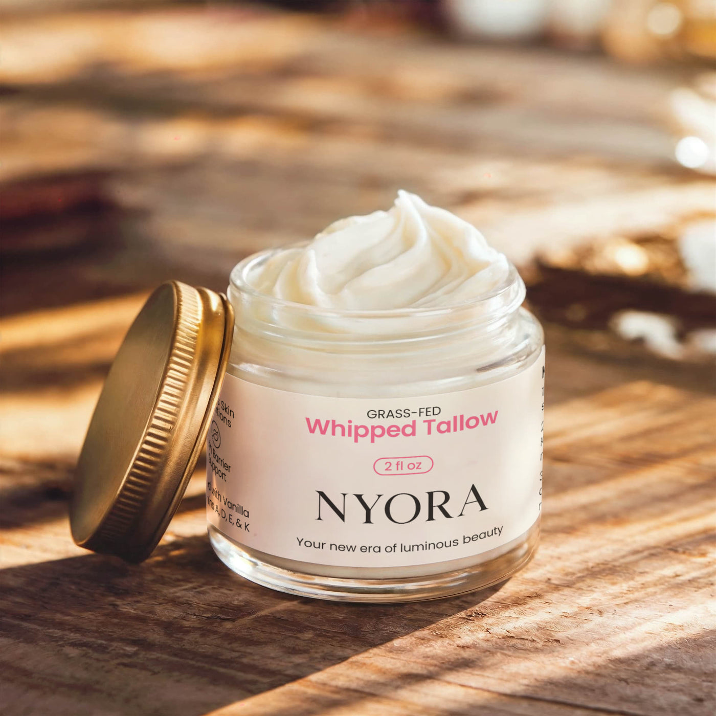 NYORA Grass Fed Whipped Tallow Balm - with Vanilla Bean | 2 fl oz Daily Moisturizer for Soft Hydrated Skin with Vitamins A D E & K