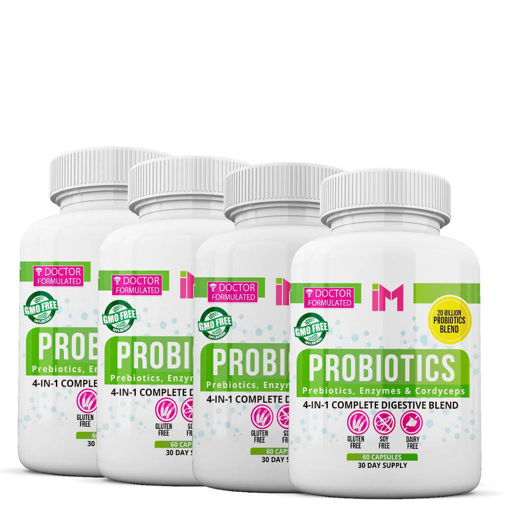 IM Probiotics, Prebiotics, Enzymes & Cordyceps 4-in-1 Complete Digestive Blend - 4 Frascos